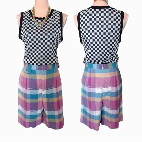 VTG 80s Colorful Plaid Ultra High Rise Cotton Mom Shorts Size 12 *fits like Med - Picture 9 of 15